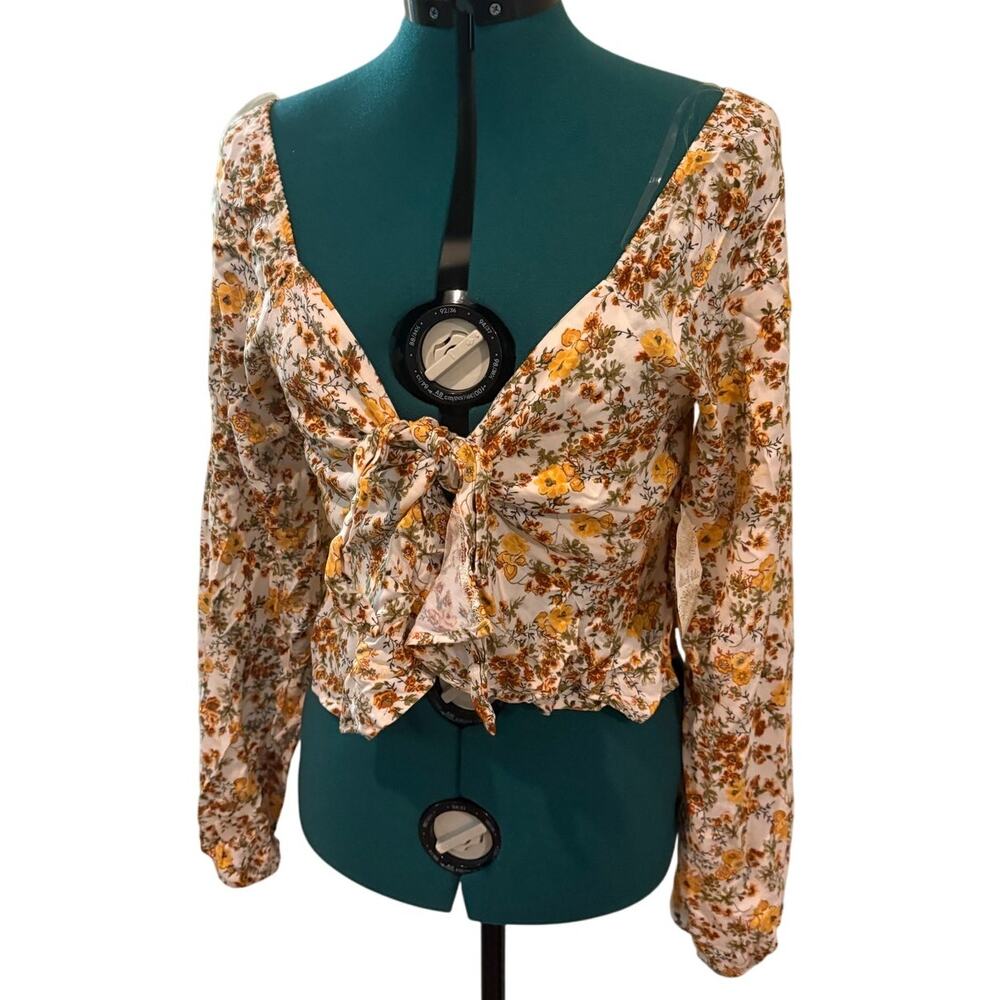 Altar'd State Womens‎ Large Yellow Floral Tie Front Boho Long Sleeve Top NWT